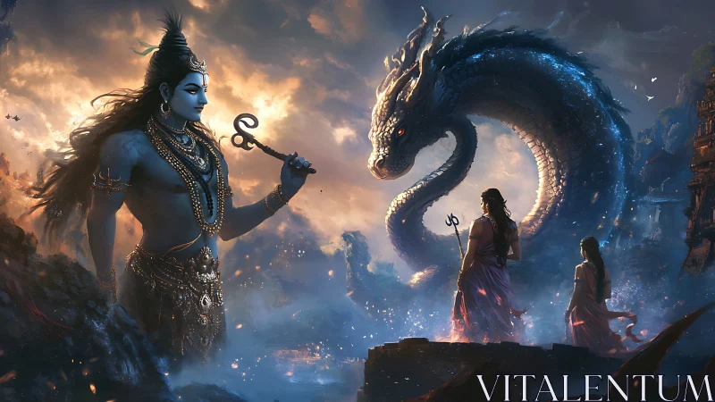 Divine guardian confronts luminous serpent in stormlit heavens