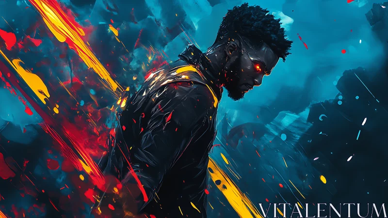 Cyberpunk warrior with glowing eyes strides through neon storm