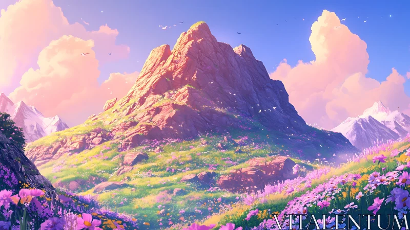 Mountain slope with wildflower meadow under bright pastel sky