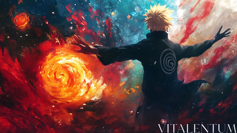 Heroic anime figure commands swirling cosmic inferno