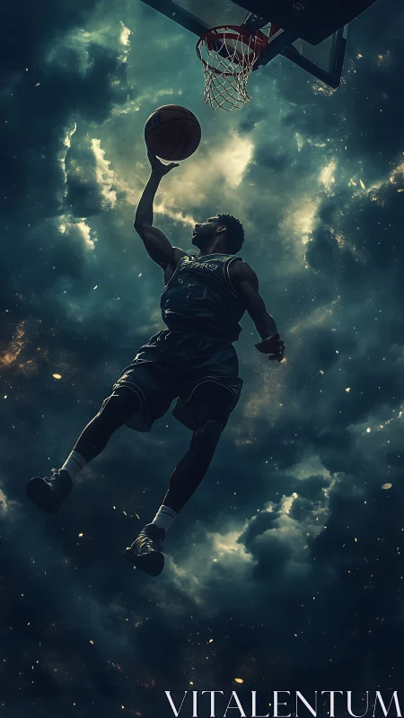 Starry sky slam dunk where hoops and cosmos collide.