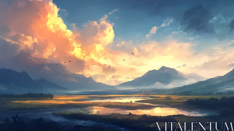 Expansive dawn valley rendered with luminous atmospheric clouds