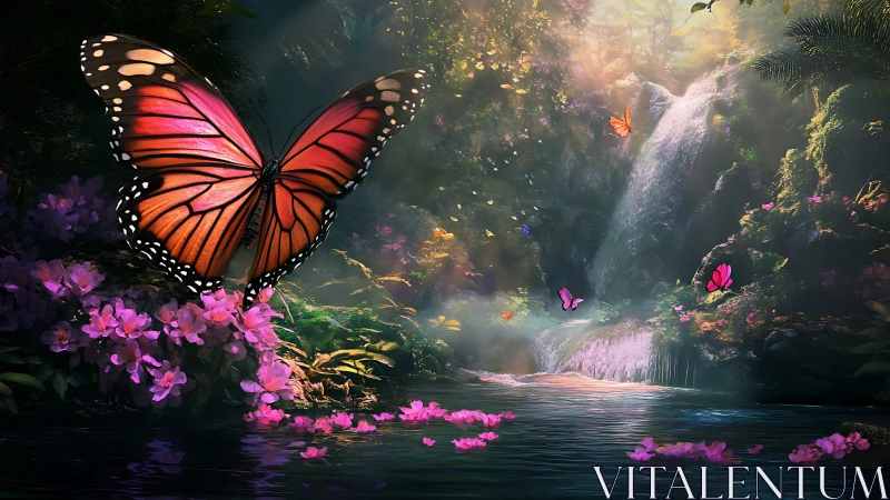 Iridescent monarch butterfly over luminous rainforest waterfall