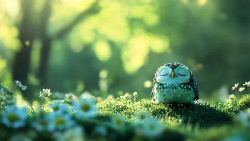 Tiny owl rests on sunlit meadow amid soft bokeh forest.