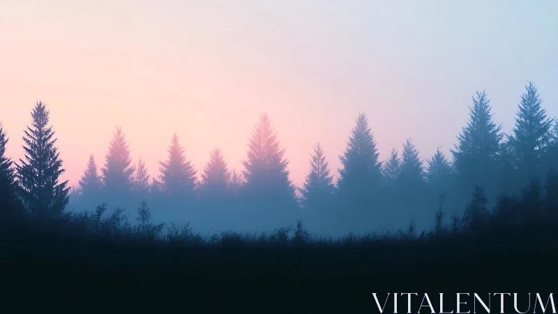 Misty conifer forest silhouetted against pastel sunrise.