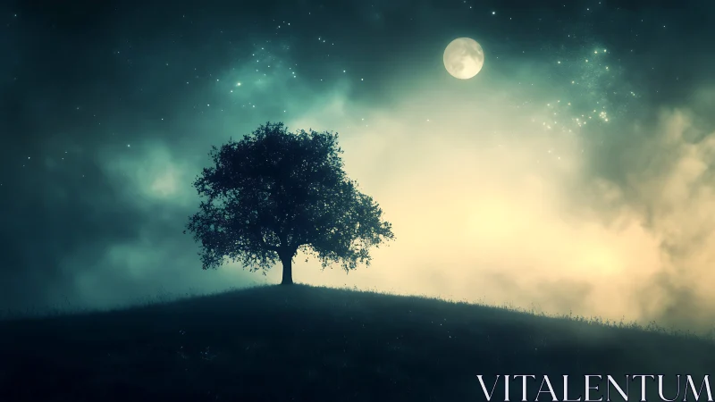 Solitary tree stands on hill beneath full moon and stars
