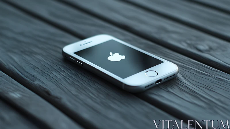 White iPhone on wooden deck surface.