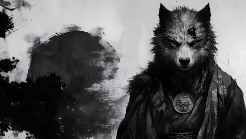 Stoic wolf warrior in flowing robes under a painted moon.