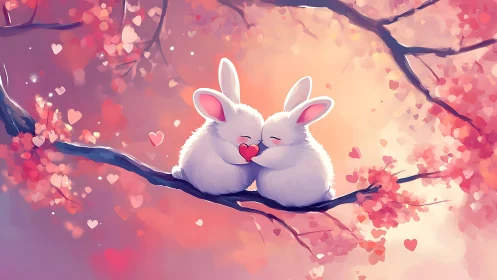Soft bunny cuddle on a dreamy heartlit blossom branch.