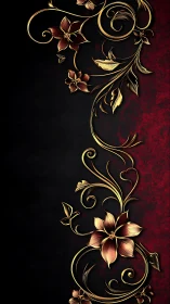 Baroque floral scrollwork with metallic gradients on red-black field