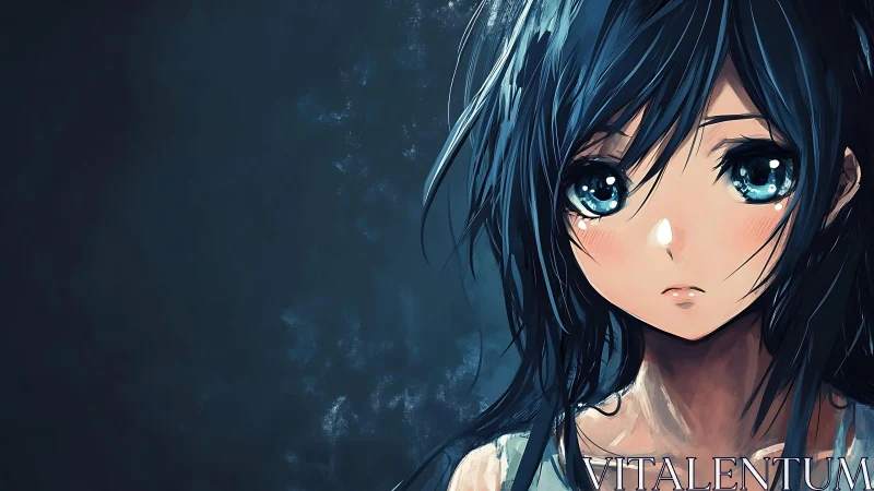 Soft blue gaze in a quiet, painterly anime moment.