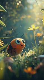 Cartoon ladybug character in softly lit garden scene.
