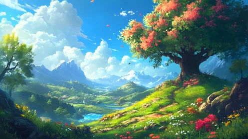 Digital landscape depicts a detailed valley under clear sky