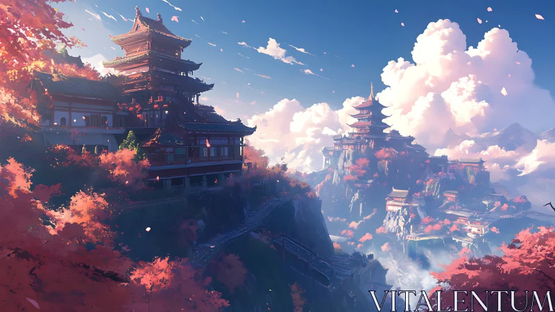 Crimson temples drift above misty cliffs in soft sunrise