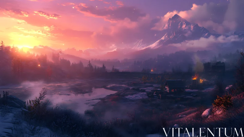 Mountain valley settlement under pink and orange sky.