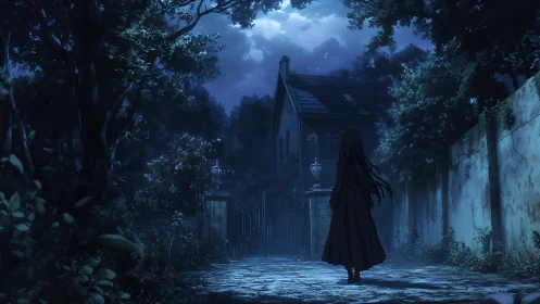 Lonely girl approaches moonlit gothic house under trees.