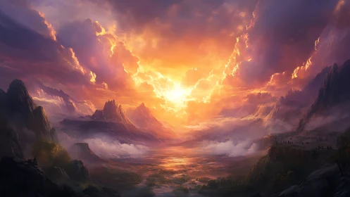 Sunlit valley with distant mountains and layered cloudscape.