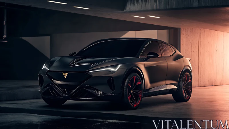 Matte black futuristic crossover parked in concrete garage.