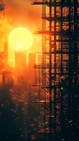 Solar-engulfed megastructure lattice in incendiary skyline.