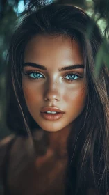 Storm-bright turquoise gaze framed by wild woodland dusk.