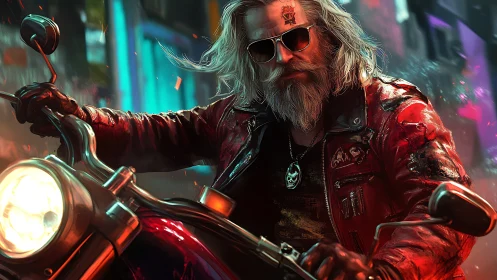 Rebel biker speeds through neon city streets at night.