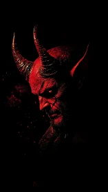 Horned demonic portrait in stark red and black profile.