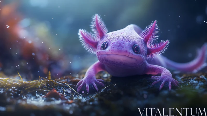 Pink axolotl rests on rocky aquatic floor in soft focus