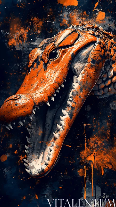Ferocious orange crocodile head erupts through splatter canvas