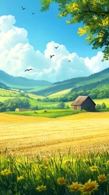 Sunlit valley barn basking between golden summer fields.