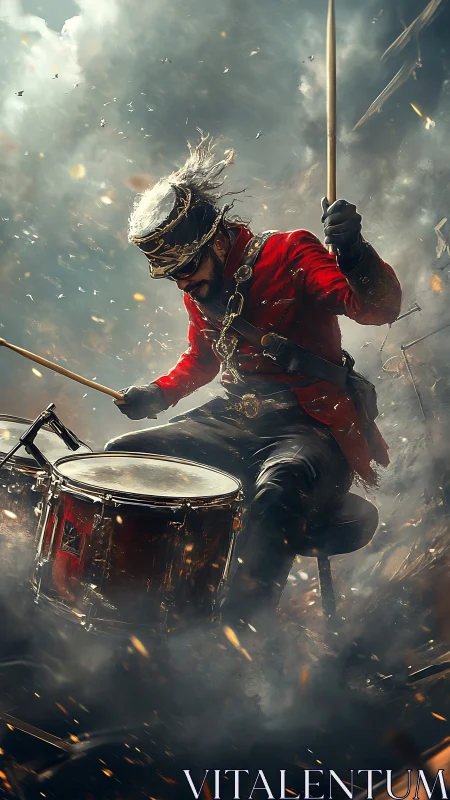 Battle drummer in red coat unleashes thunderous performance.