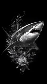 Monochrome shark blooms through inked ocean florals.