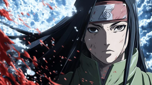 Anime warrior portrait with dynamic blood-splatter framing.