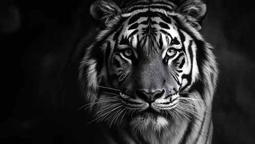 Intense tiger portrait emerges from darkness in stark monochrome