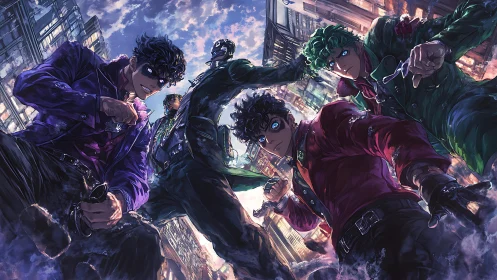 Dynamic anime street ensemble in extreme low-angle perspective.