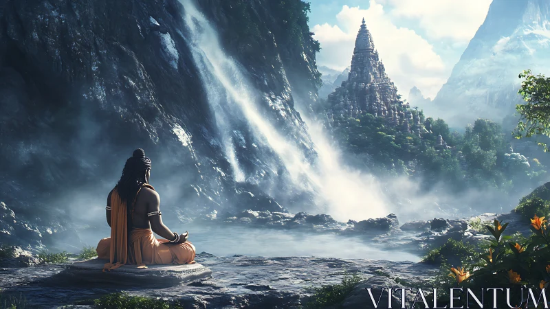 Mountain meditation welcomes a misty temple across waterfalls