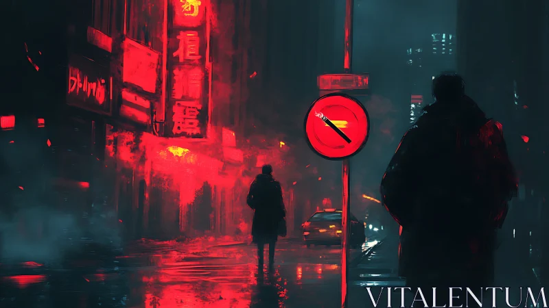 Noir city street with red neon and no smoking sign.