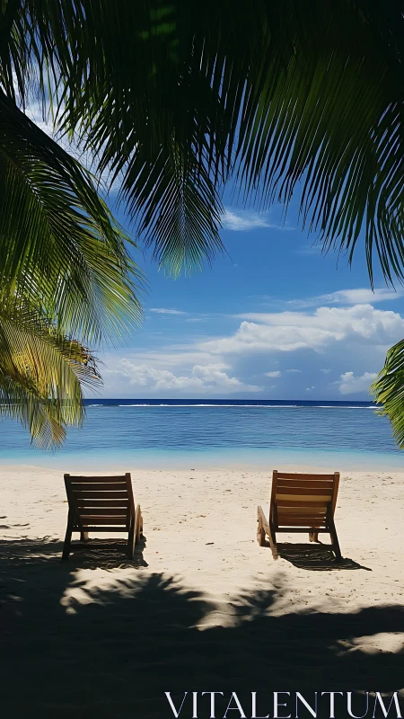 Two Lounge Chairs on Pristine Beach Under Palm Trees