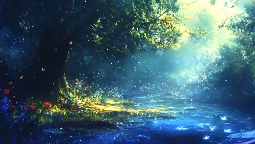 Luminous forest stream under dense trees at daybreak.