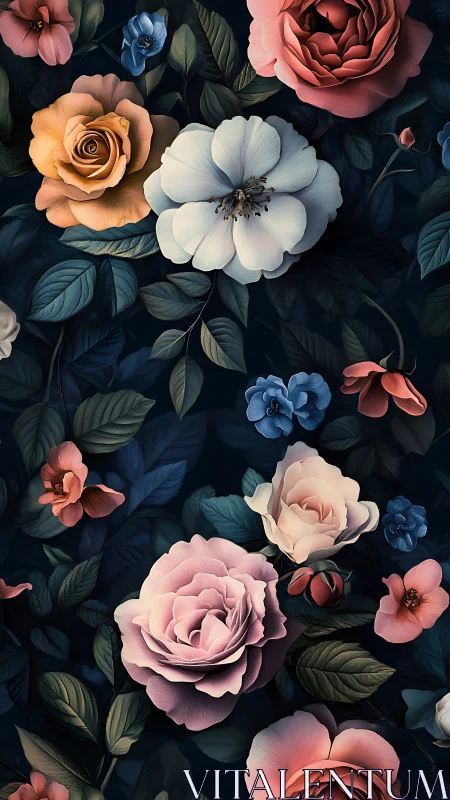 Baroque Floral Garden on Dark Background.