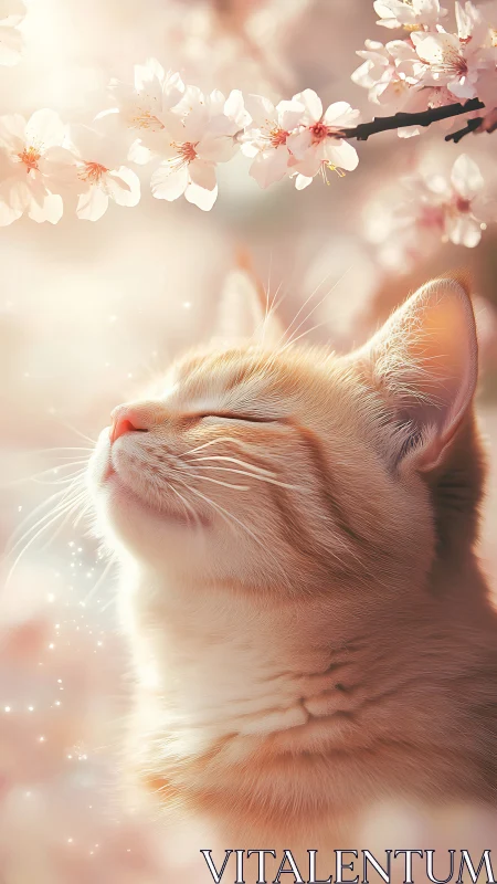 White Cat Gazing at Cherry Blossoms in Golden Spring Light