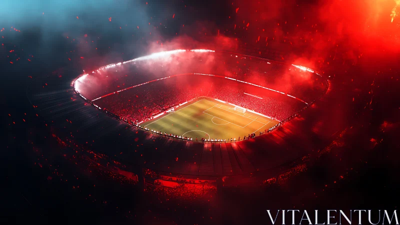 Floodlit football stadium glows through dense red smoke
