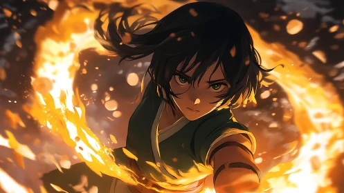 Fiery warrior in sweeping arc of flame mid-attack.