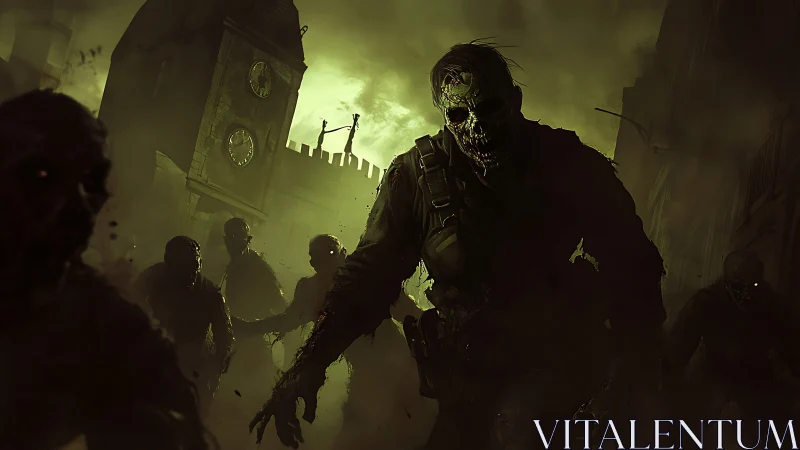 Zombie horde advances through foggy, ruined city street at dusk.