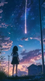 Adolescent observer under vertical meteor trace at dusk.