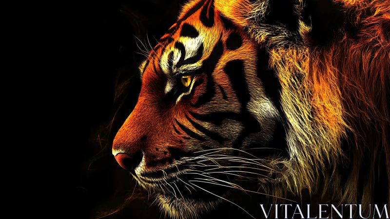 Digitally rendered tiger profile isolates illuminated fur patterns