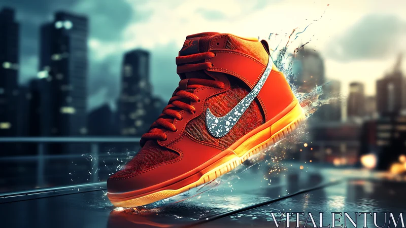 Bold orange sneaker splashes into an energetic city evening