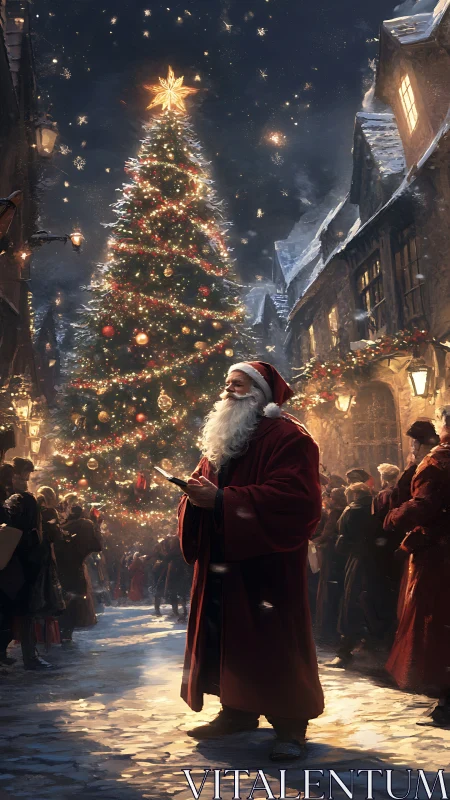Santa in snowy town square before towering lit tree.