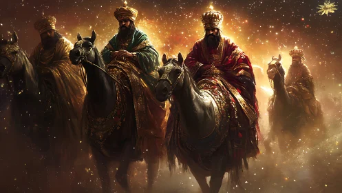 Royal riders drift through stardust on a silent ember road