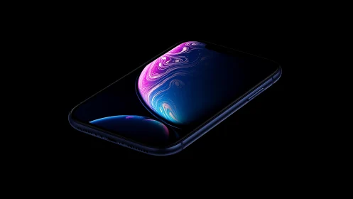 Premium smartphone displays morphing liquid gradient interface on obsidian surface.