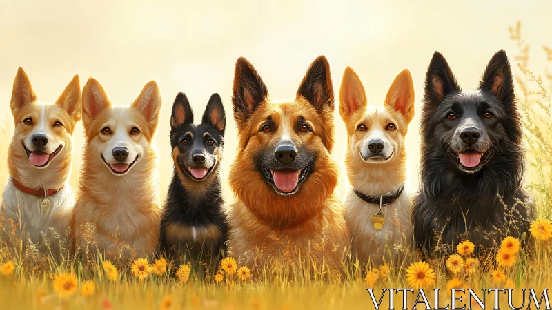 Row of six digitally rendered dogs in summer field scene.